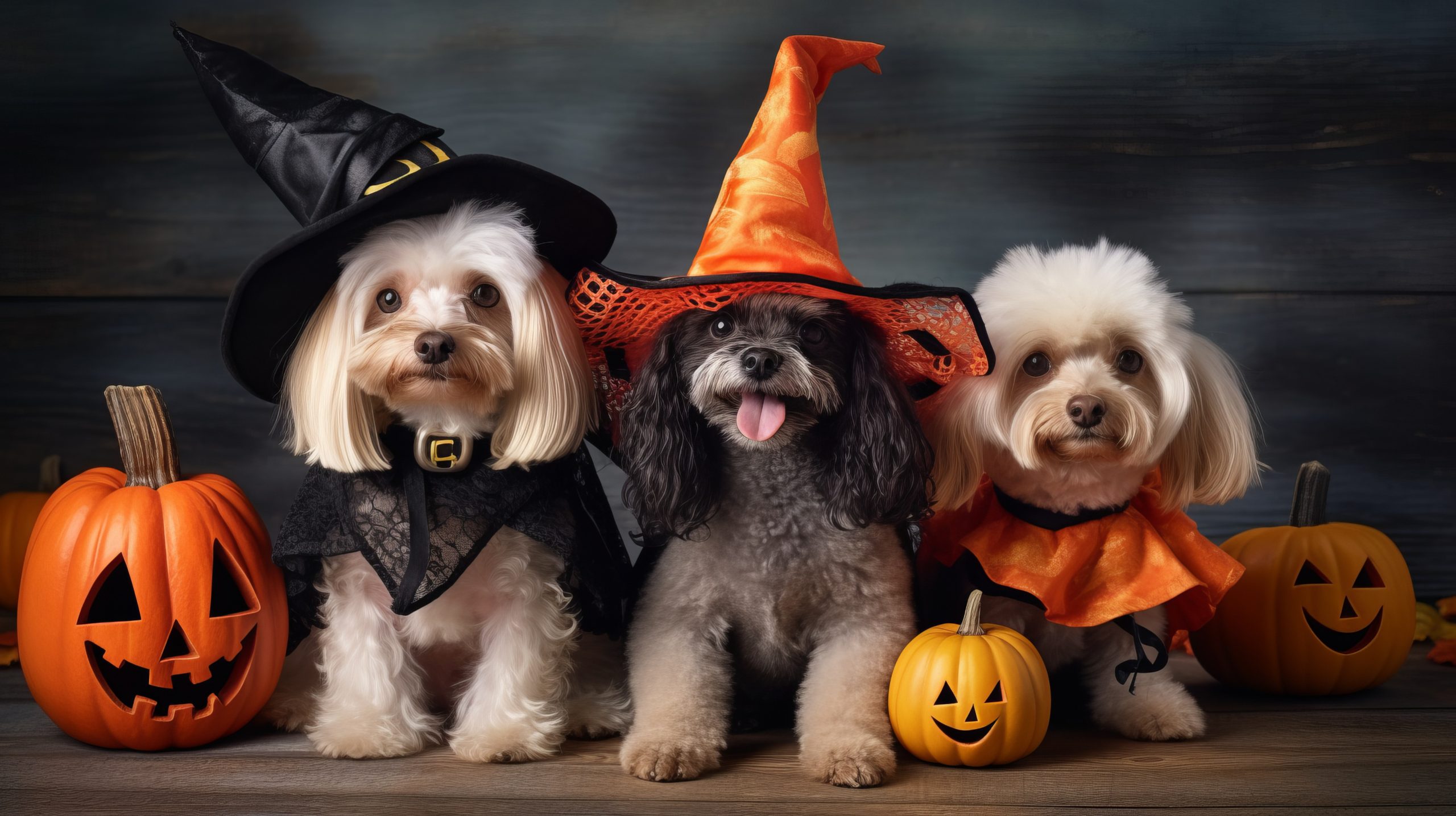 Dog Halloween Activities. Three dogs in Halloween costumes with pumpkins on dark wooden background.