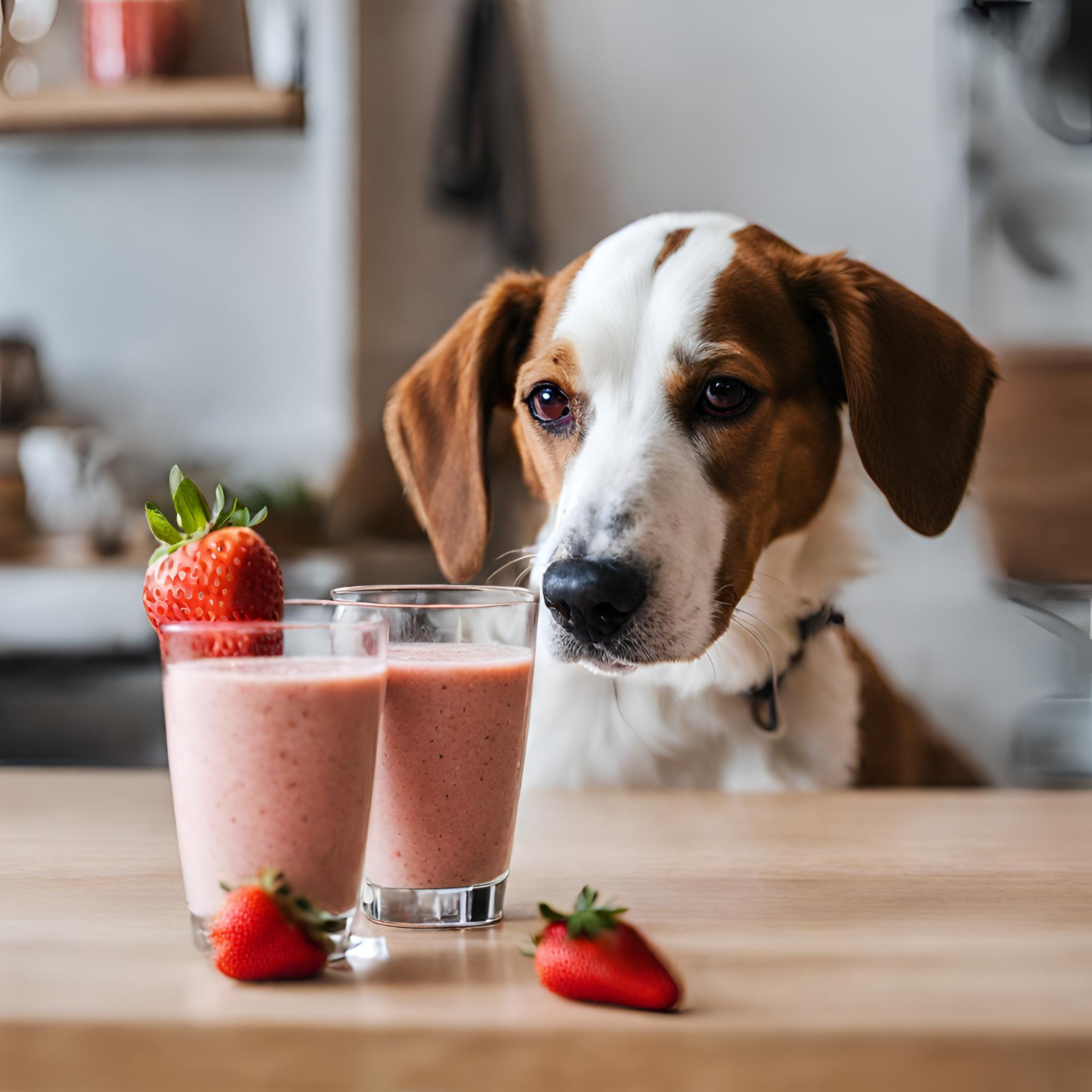 Dog next to glass of strawberry banana smoothie for pets