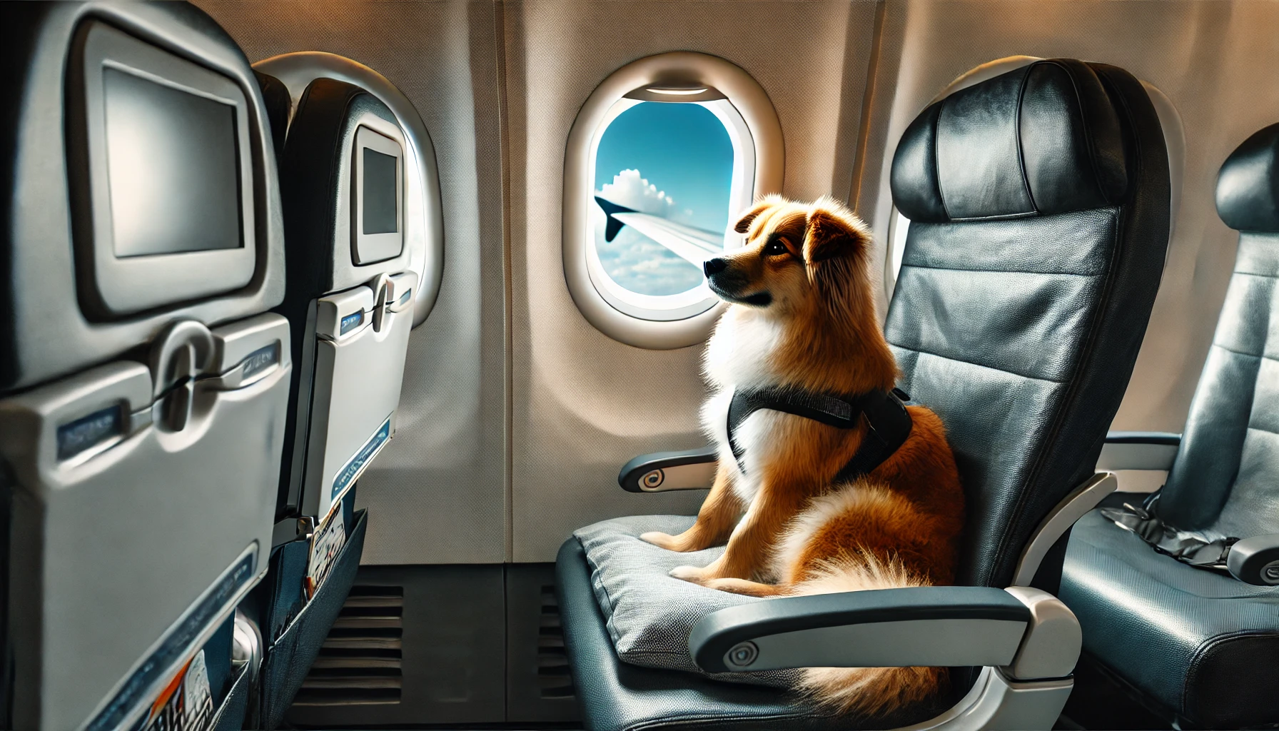 Dog in airplane seat looking out window during flight
