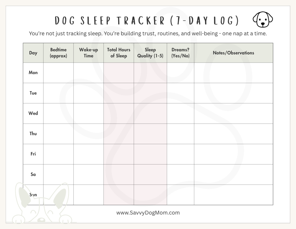 A printable 7-day dog sleep tracker featuring a soft beige and sage green table layout. Columns include day of the week, bedtime, wake-up time, total hours of sleep, sleep quality, dreams (yes/no), and notes/observations. Includes playful dog graphics and the tagline: "You’re not just tracking sleep. You’re building trust, routines, and well-being – one nap at a time." Website listed as www.SavvyDogMom.com.