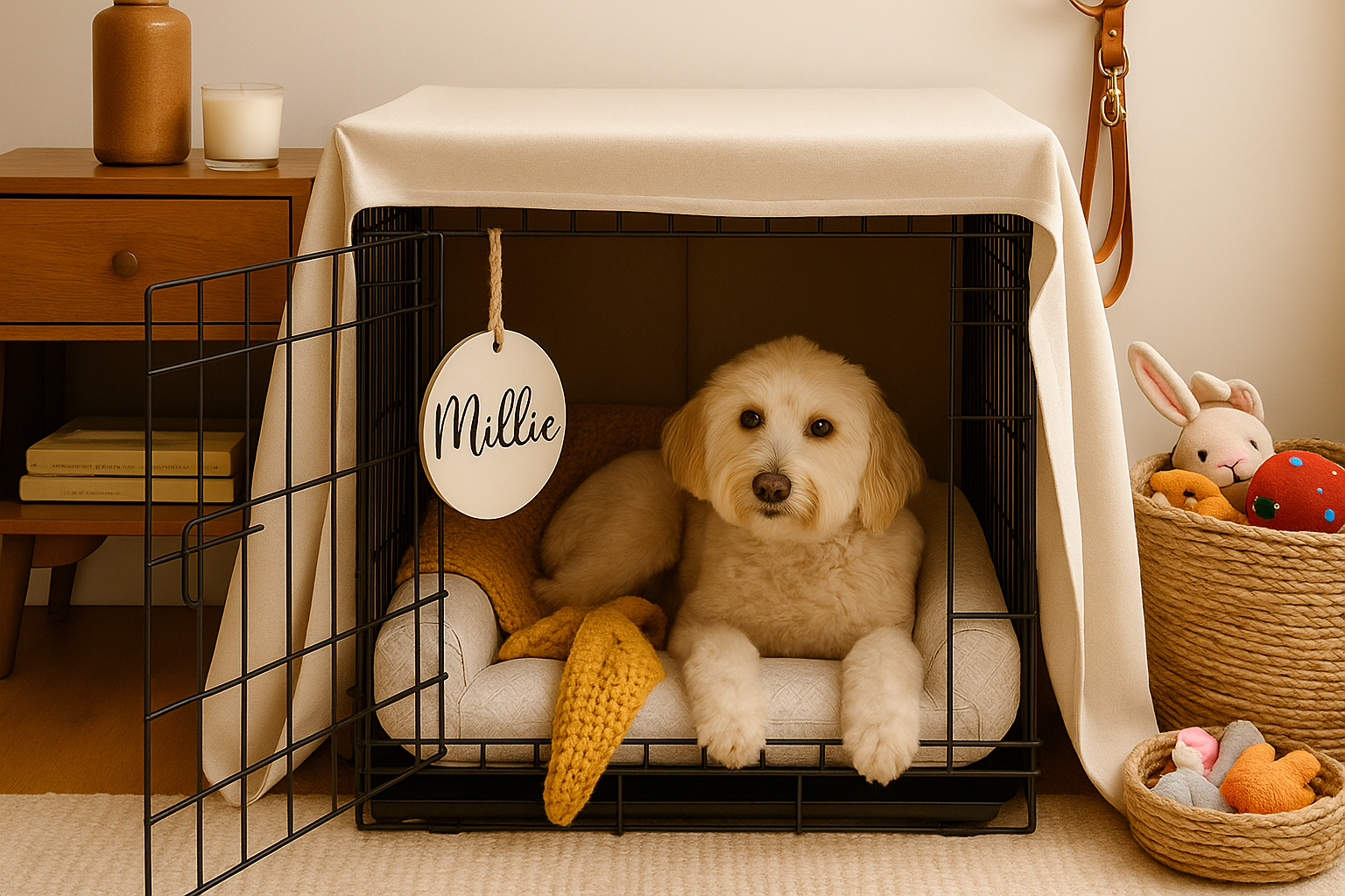 A cream-colored dog named Millie rests inside a black wire crate covered with a beige cloth. A round name sign hangs on the crate door. To the right of the crate, there’s a woven basket filled with colorful dog toys, including a stuffed bunny and plush balls. Above the basket, a set of brown leather leashes hangs neatly on the wall. The scene is cozy and well-styled with warm lighting and wooden furniture.